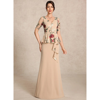 Elegant A-Line V-Neck Short Sleeve Embroidered Peplum Champagne Mother of the Bride Dresses