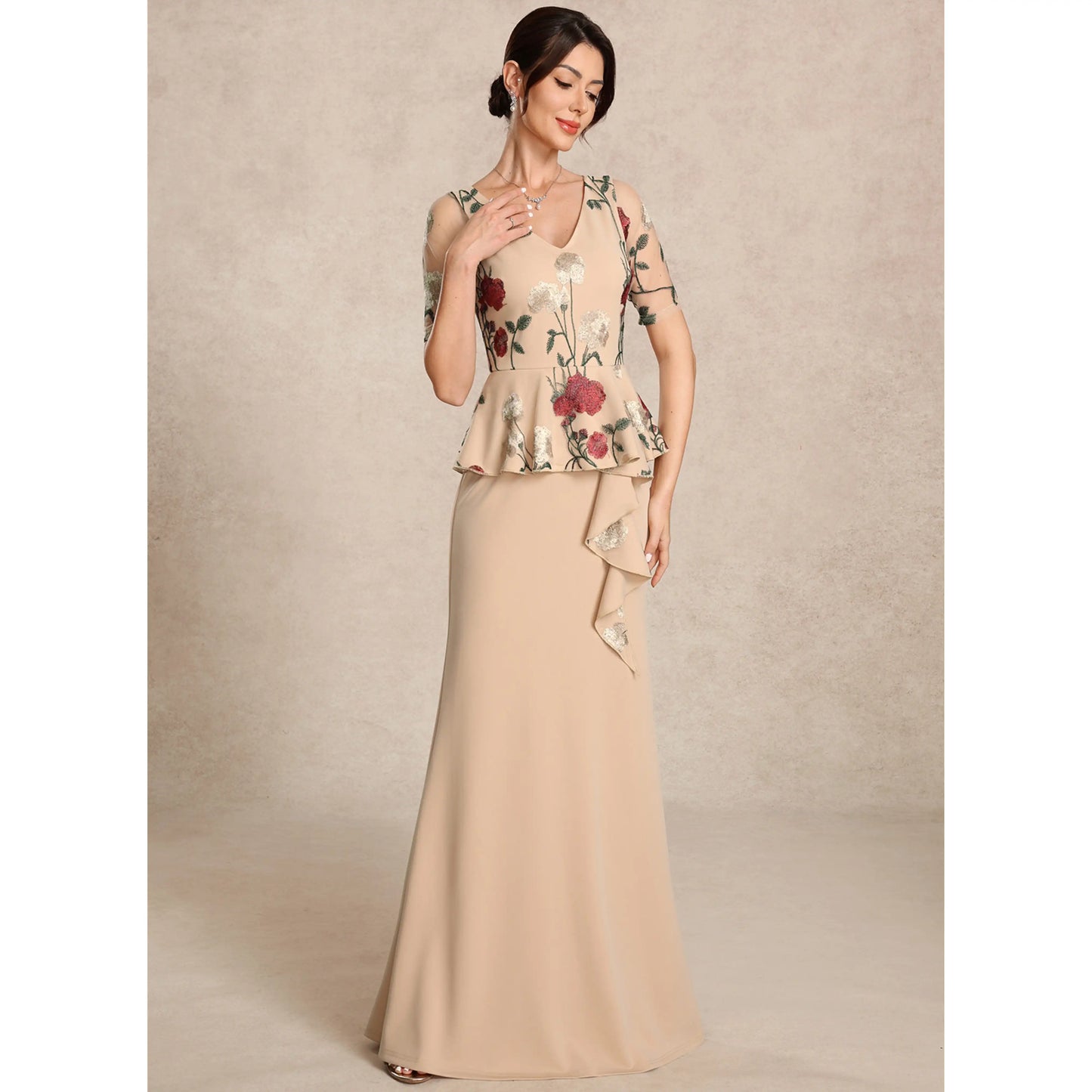 Elegant A-Line V-Neck Short Sleeve Embroidered Peplum Champagne Mother of the Bride Dresses