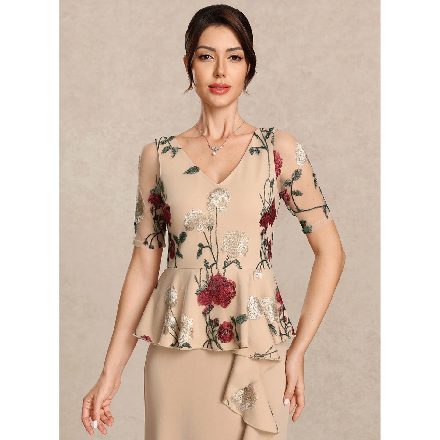 Elegant A-Line V-Neck Short Sleeve Embroidered Peplum Champagne Mother of the Bride Dresses