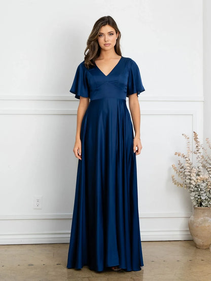 Elegant A-Line V-Neck Short Sleeve Flowy Navy Floor-Length Mother of the Bride Gown