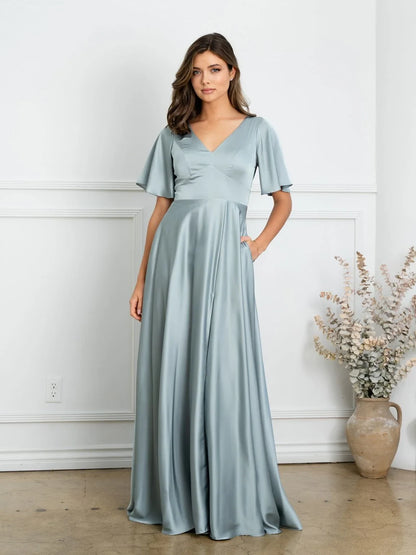 Elegant A-Line V-Neck Short Sleeve Flowy Navy Floor-Length Mother of the Bride Gown