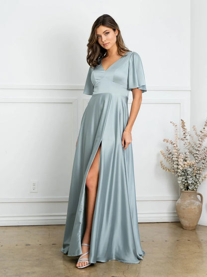 Elegant A-Line V-Neck Short Sleeve Flowy Navy Floor-Length Mother of the Bride Gown