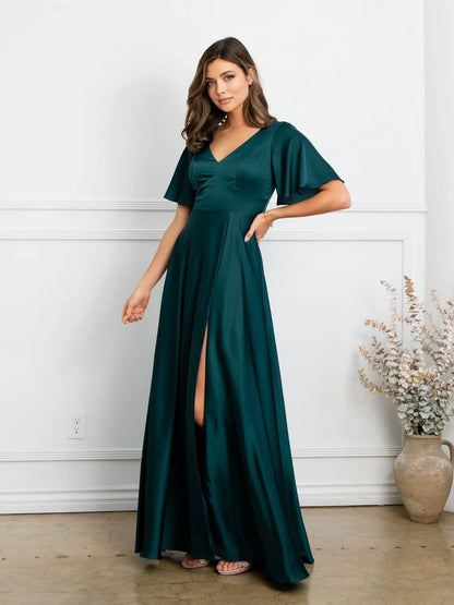 Elegant A-Line V-Neck Short Sleeve Flowy Navy Floor-Length Mother of the Bride Gown