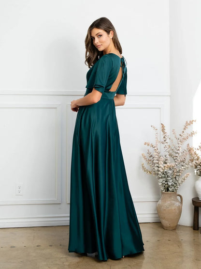 Elegant A-Line V-Neck Short Sleeve Flowy Navy Floor-Length Mother of the Bride Gown