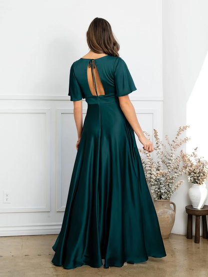 Elegant A-Line V-Neck Short Sleeve Flowy Navy Floor-Length Mother of the Bride Gown