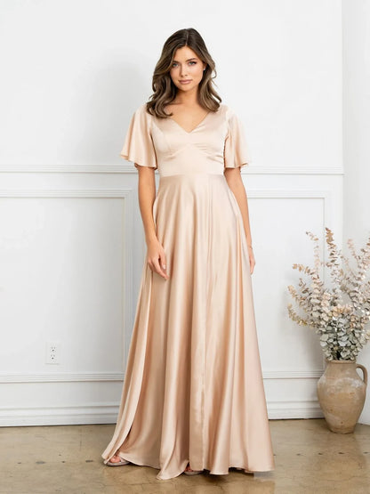 Elegant A-Line V-Neck Short Sleeve Flowy Navy Floor-Length Mother of the Bride Gown