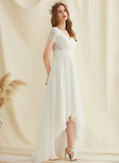 Elegant A-Line V-Neck Short Sleeve High-Low White Wedding Dresses Gown