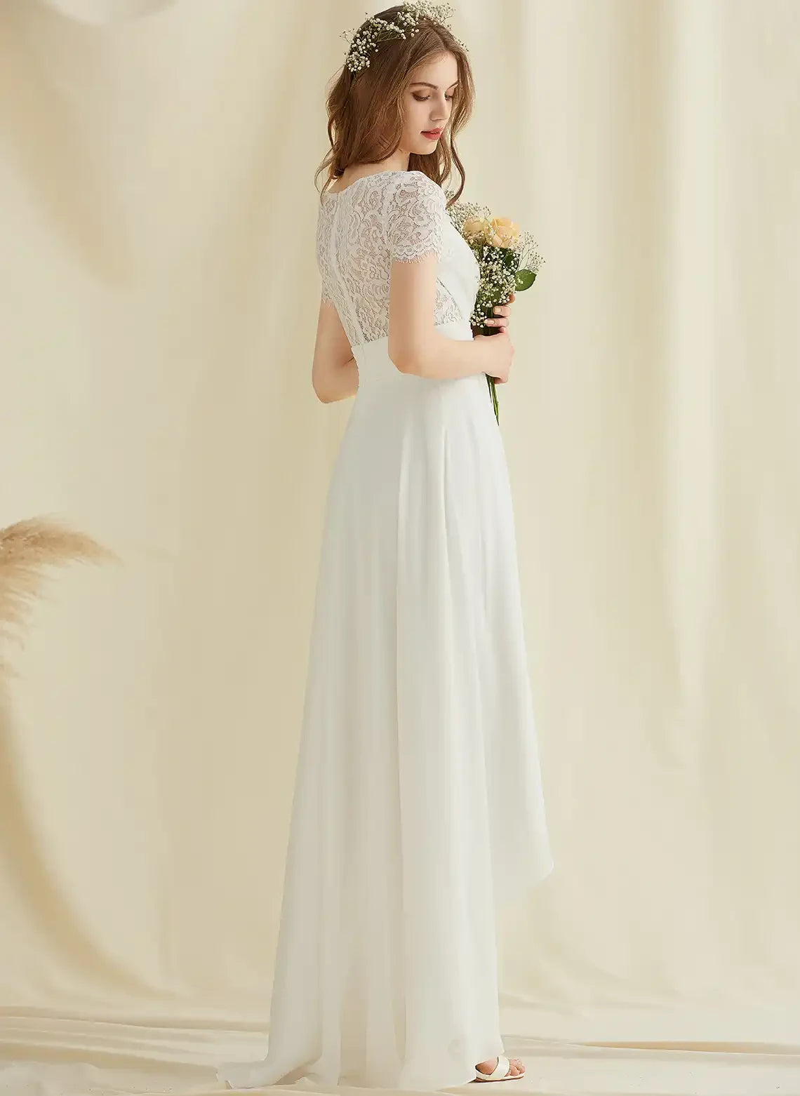 Elegant A-Line V-Neck Short Sleeve High-Low White Wedding Dresses Gown