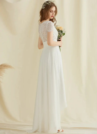 Elegant A-Line V-Neck Short Sleeve High-Low White Wedding Dresses Gown