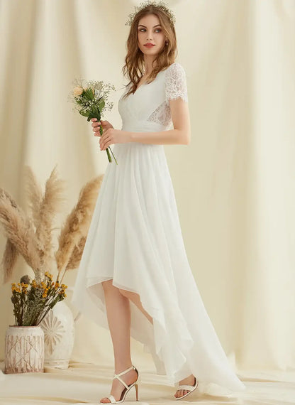 Elegant A-Line V-Neck Short Sleeve High-Low White Wedding Dresses Gown