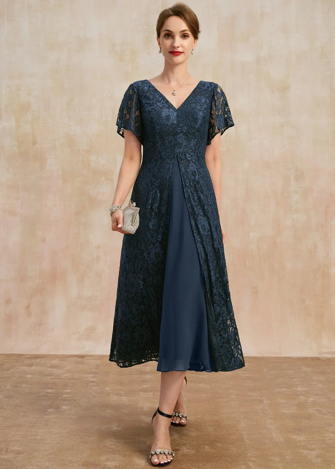 Elegant A-Line V-Neck Short Sleeve Lace Navy Midi Mother of the Bride Dress