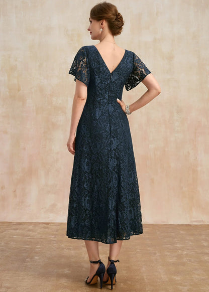 Elegant A-Line V-Neck Short Sleeve Lace Navy Midi Mother of the Bride Dress