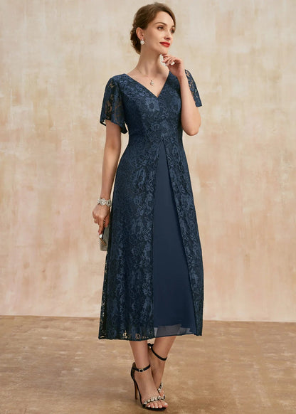 Elegant A-Line V-Neck Short Sleeve Lace Navy Midi Mother of the Bride Dress
