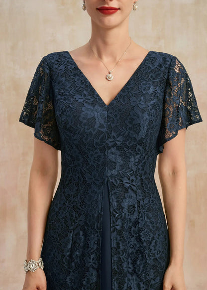 Elegant A-Line V-Neck Short Sleeve Lace Navy Midi Mother of the Bride Dress