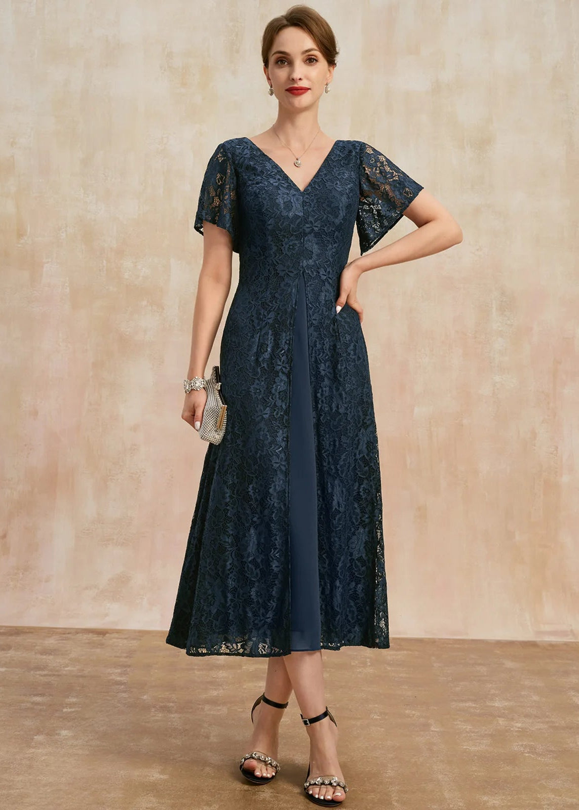 Elegant A-Line V-Neck Short Sleeve Lace Navy Midi Mother of the Bride Dress
