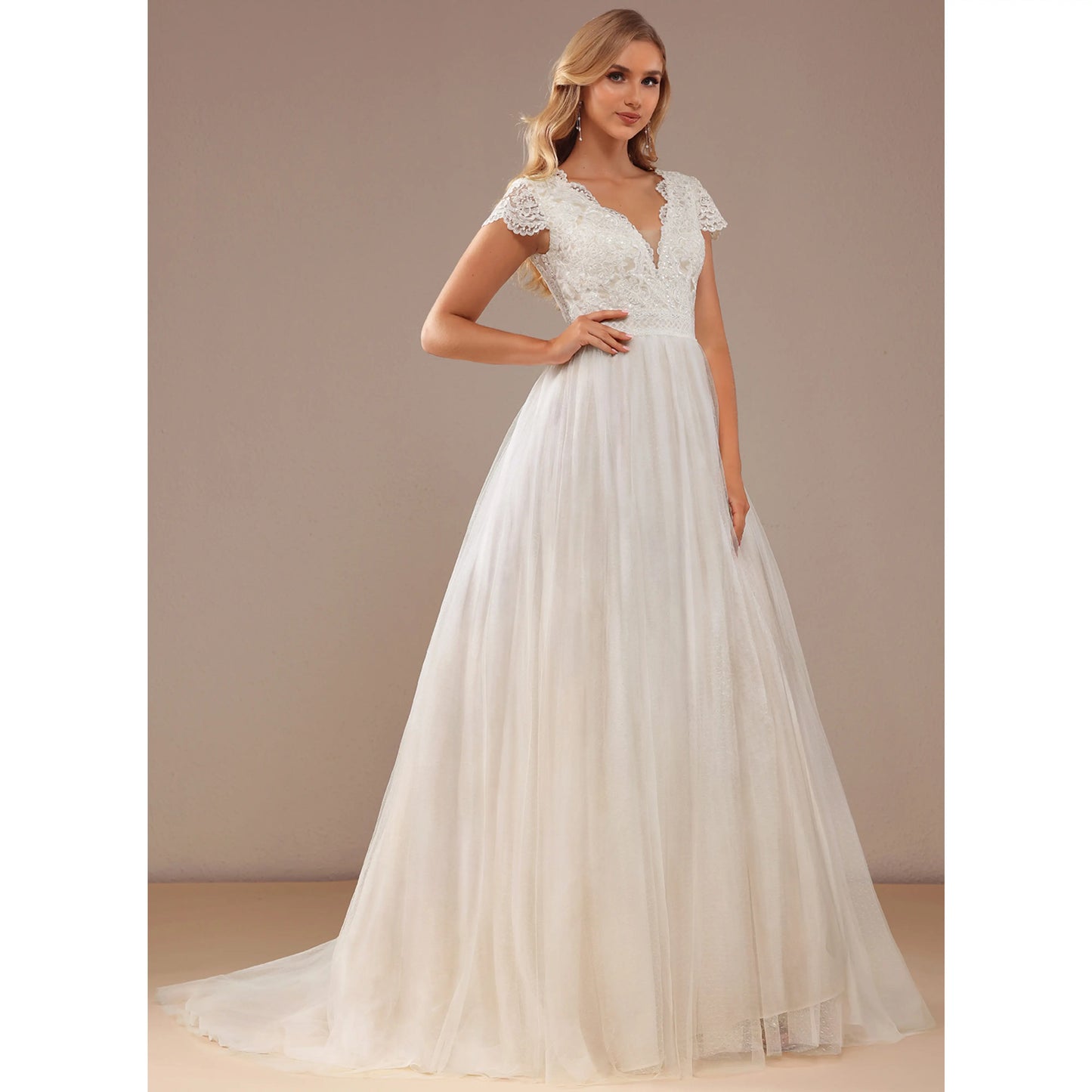 Elegant A-Line V-Neck Short Sleeve Lace Tulle White Floor-Length Wedding Gown