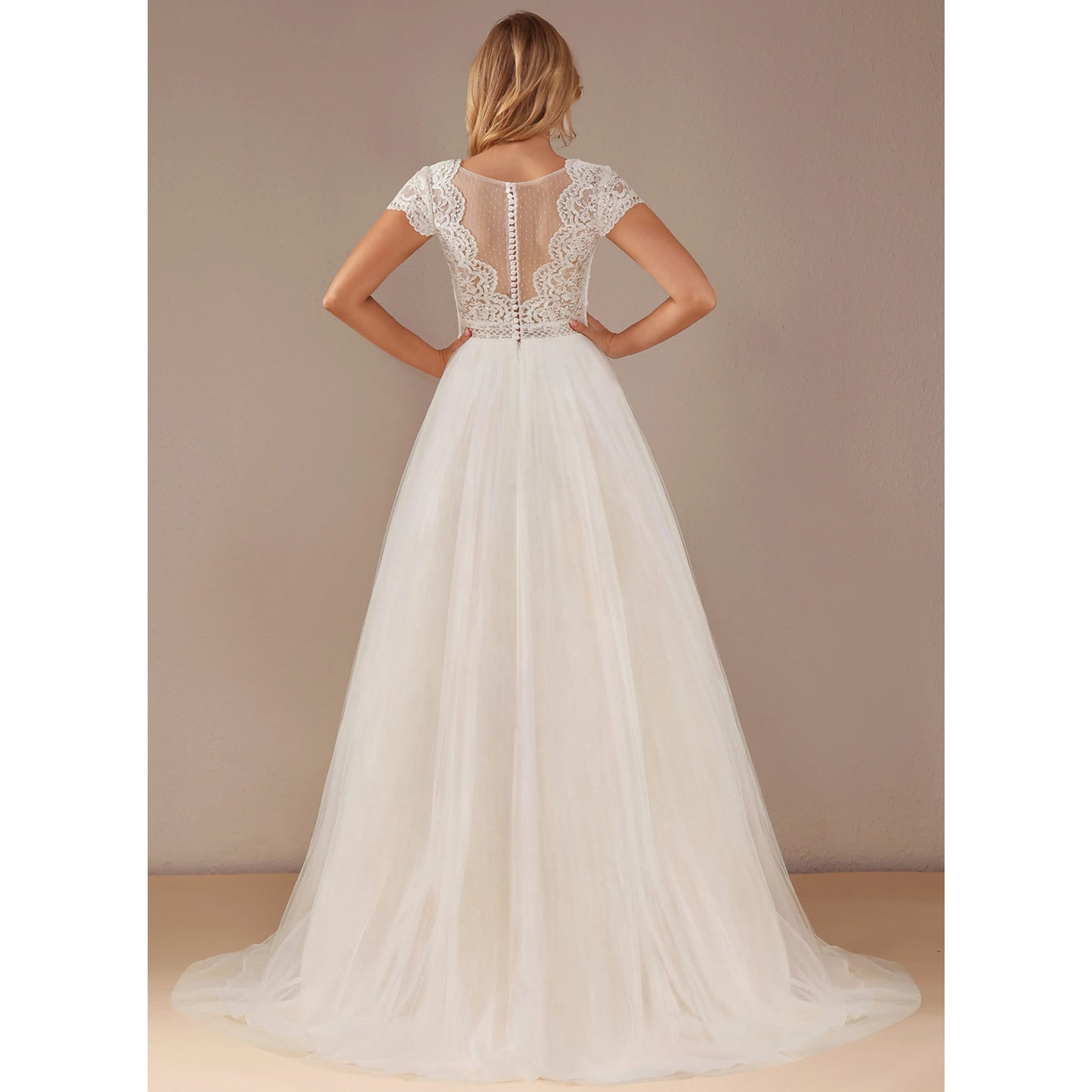 Elegant A-Line V-Neck Short Sleeve Lace Tulle White Floor-Length Wedding Gown