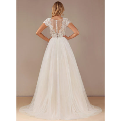 Elegant A-Line V-Neck Short Sleeve Lace Tulle White Floor-Length Wedding Gown