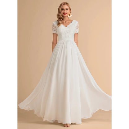 Elegant A-Line V-Neck Short Sleeve Lace White Floor-Length Wedding Dresses Gown