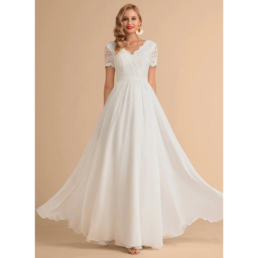Elegant A-Line V-Neck Short Sleeve Lace White Floor-Length Wedding Dresses Gown