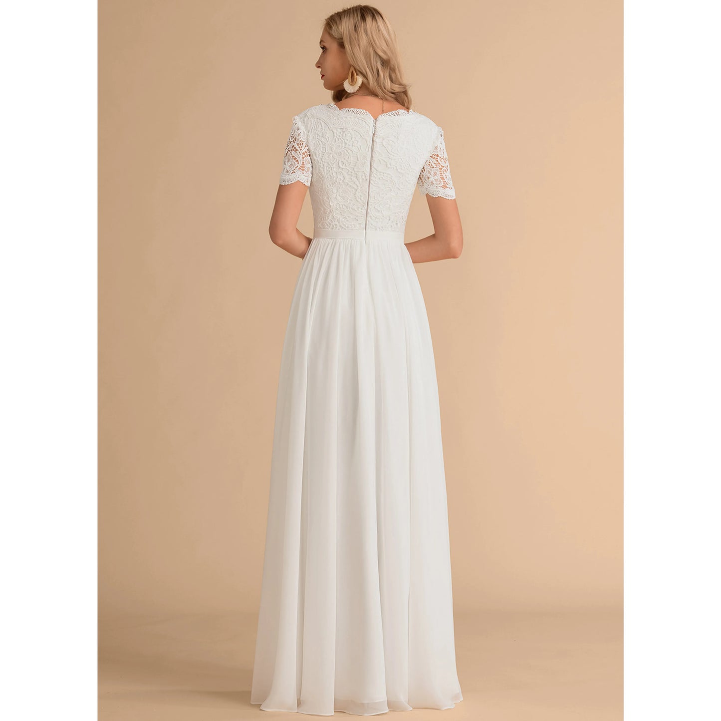 Elegant A-Line V-Neck Short Sleeve Lace White Floor-Length Wedding Dresses Gown