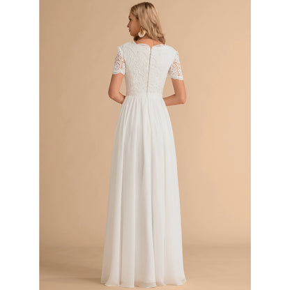 Elegant A-Line V-Neck Short Sleeve Lace White Floor-Length Wedding Dresses Gown