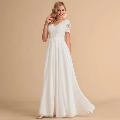 Elegant A-Line V-Neck Short Sleeve Lace White Floor-Length Wedding Dresses Gown
