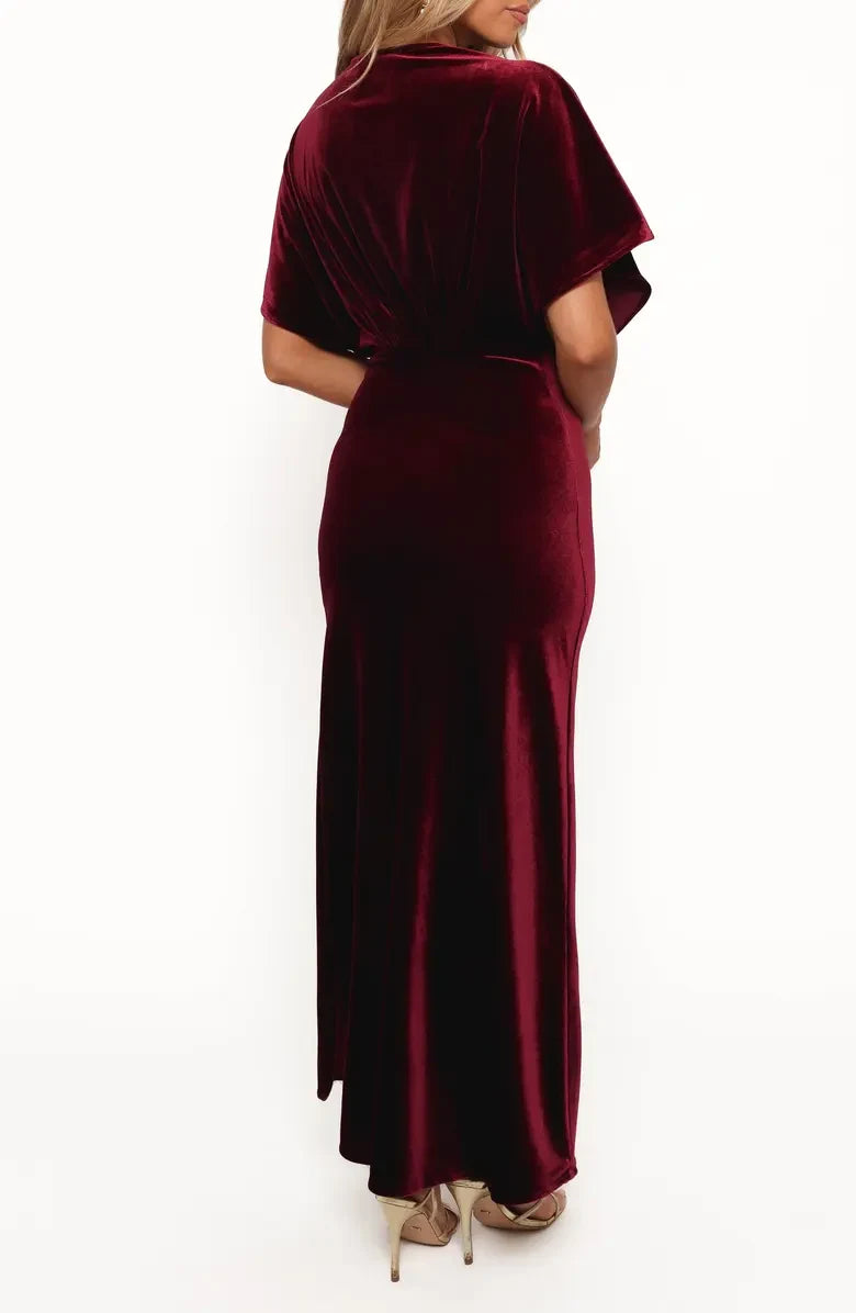 Elegant A-Line V-Neck Short Sleeve Sophisticated Burgundy Floor-Length Mother of the Bride Dress