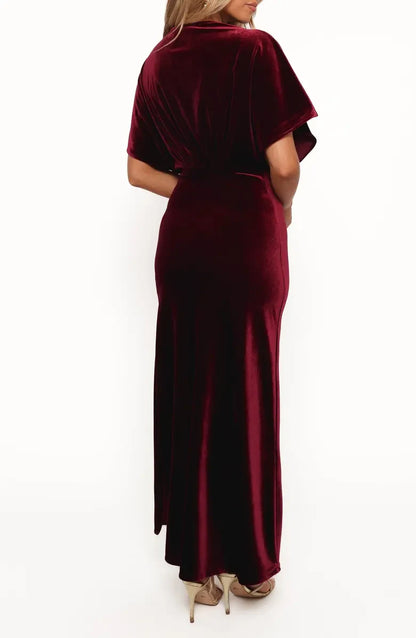 Elegant A-Line V-Neck Short Sleeve Sophisticated Burgundy Floor-Length Mother of the Bride Dress