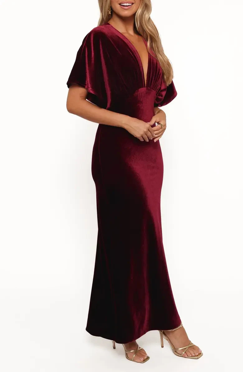 Elegant A-Line V-Neck Short Sleeve Sophisticated Burgundy Floor-Length Mother of the Bride Dress