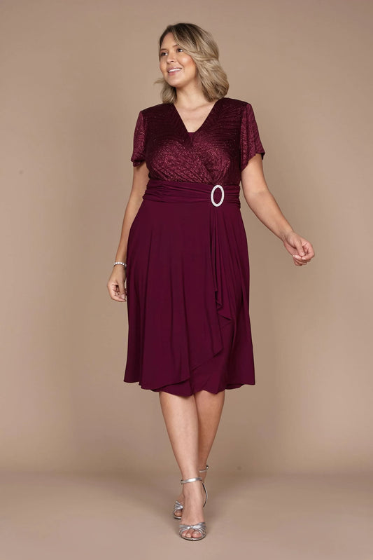Elegant A-Line V-Neck Short Sleeve Sparkle Burgundy Midi Mother of the Bride Plus Size
