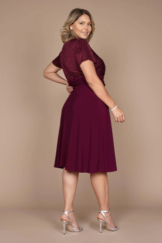 Elegant A-Line V-Neck Short Sleeve Sparkle Burgundy Midi Mother of the Bride Plus Size