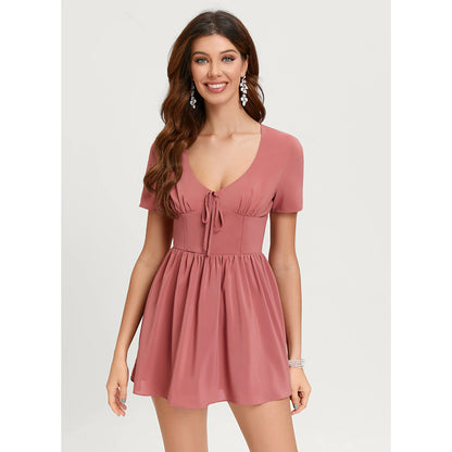 Elegant A-Line V-Neck Short Sleeve Tie-Front Dusty Rose Mini Homecoming Dress