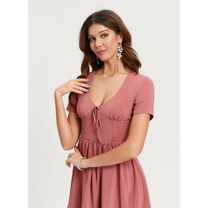 Elegant A-Line V-Neck Short Sleeve Tie-Front Dusty Rose Mini Homecoming Dress
