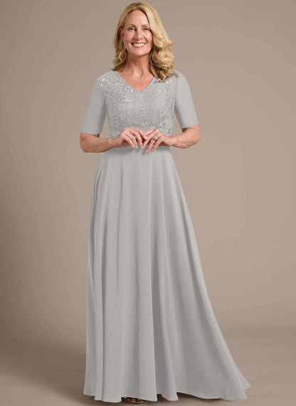 Elegant A-Line V-Neck Short Sleeve Two-Piece Embroidered Silver Grey Floor-Length Mother of the Bride Dresses
