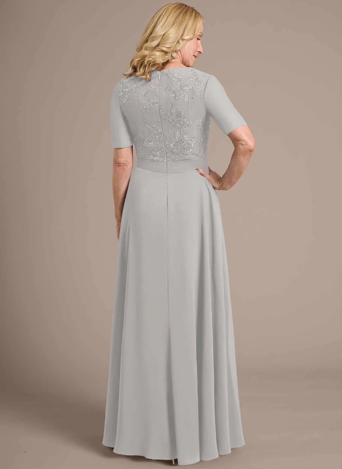 Elegant A-Line V-Neck Short Sleeve Two-Piece Embroidered Silver Grey Floor-Length Mother of the Bride Dresses