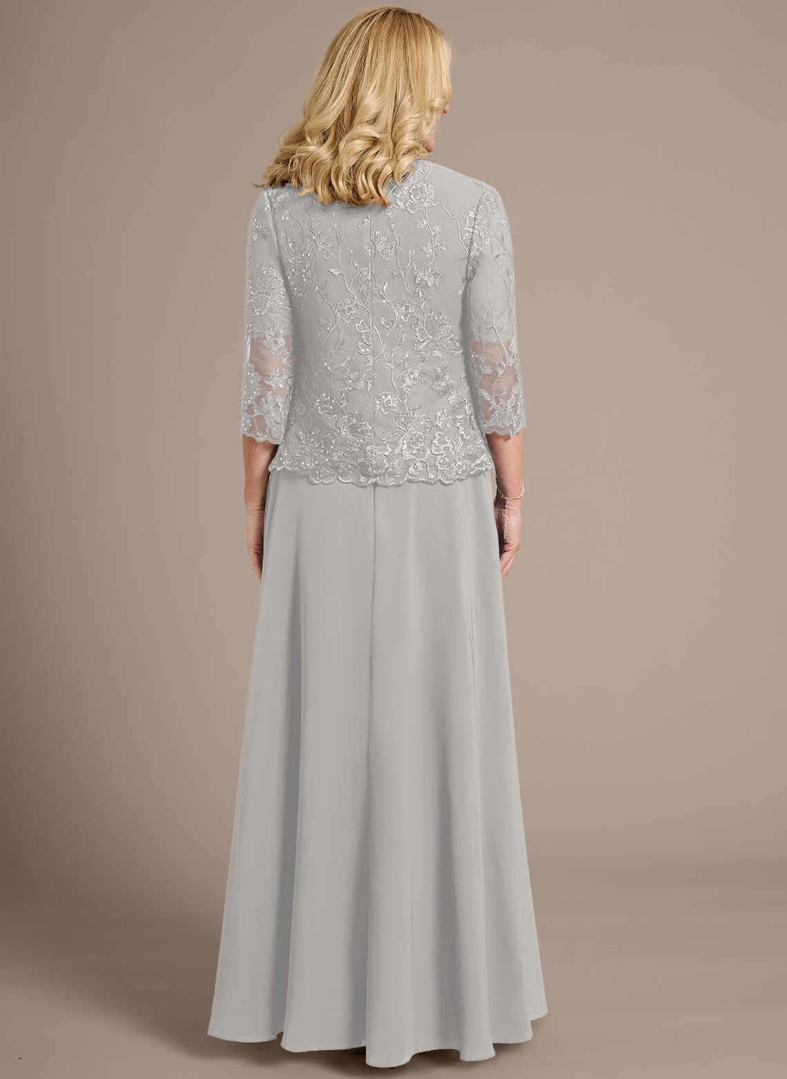 Elegant A-Line V-Neck Short Sleeve Two-Piece Embroidered Silver Grey Floor-Length Mother of the Bride Dresses