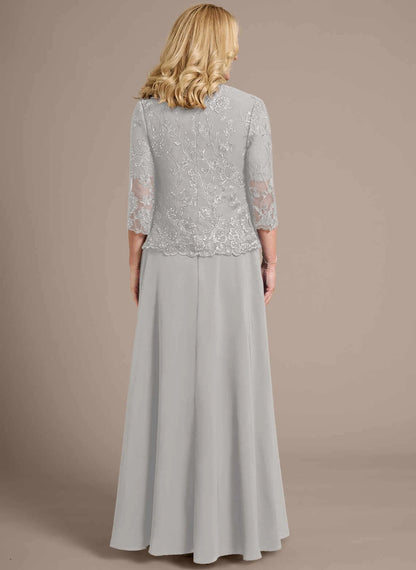Elegant A-Line V-Neck Short Sleeve Two-Piece Embroidered Silver Grey Floor-Length Mother of the Bride Dresses