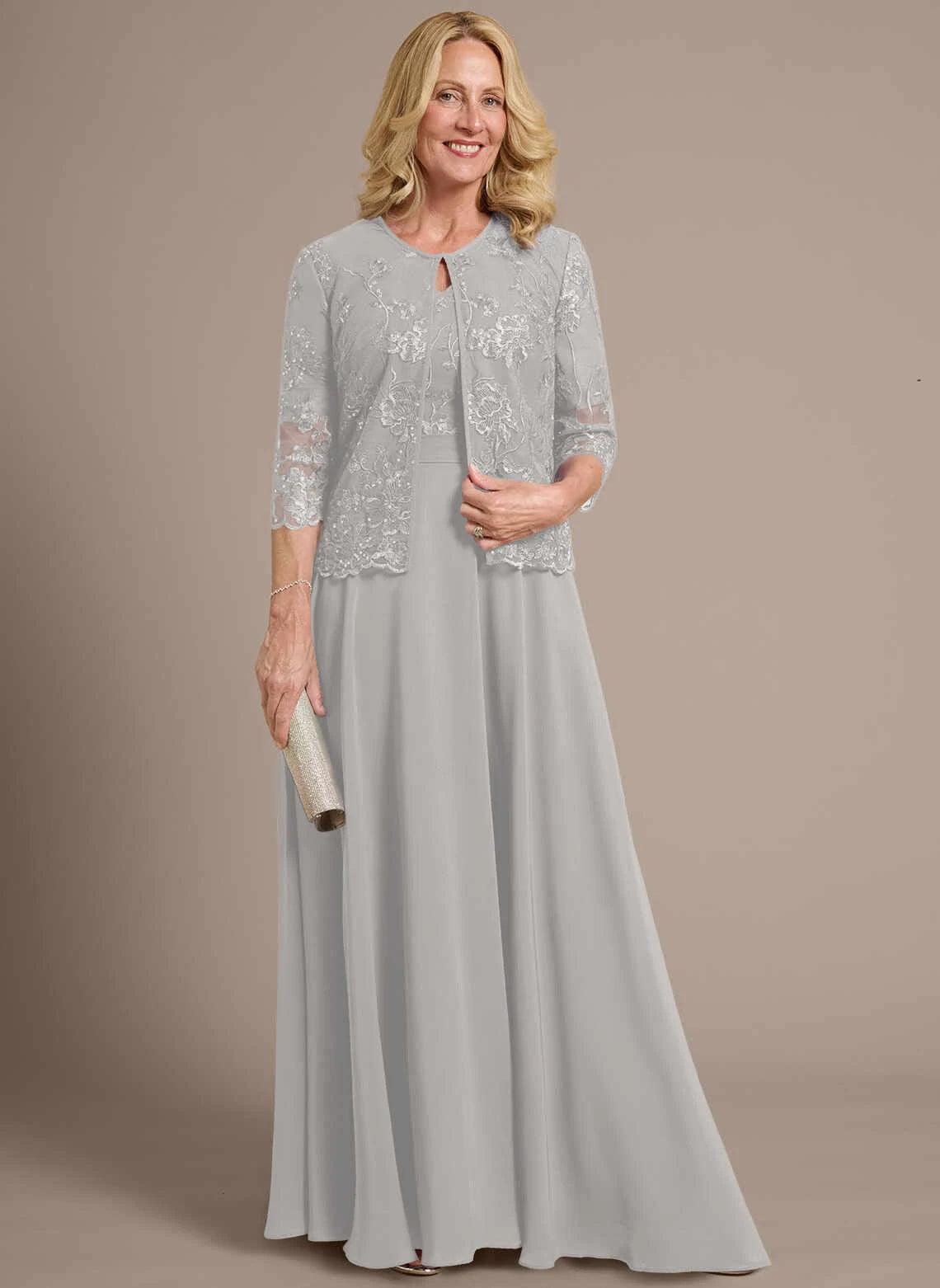Elegant A-Line V-Neck Short Sleeve Two-Piece Embroidered Silver Grey Floor-Length Mother of the Bride Dresses
