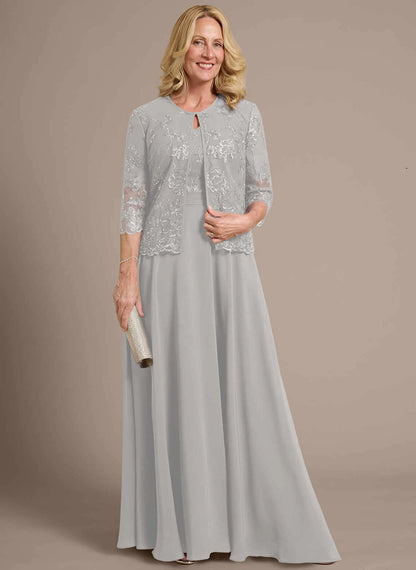 Elegant A-Line V-Neck Short Sleeve Two-Piece Embroidered Silver Grey Floor-Length Mother of the Bride Dresses