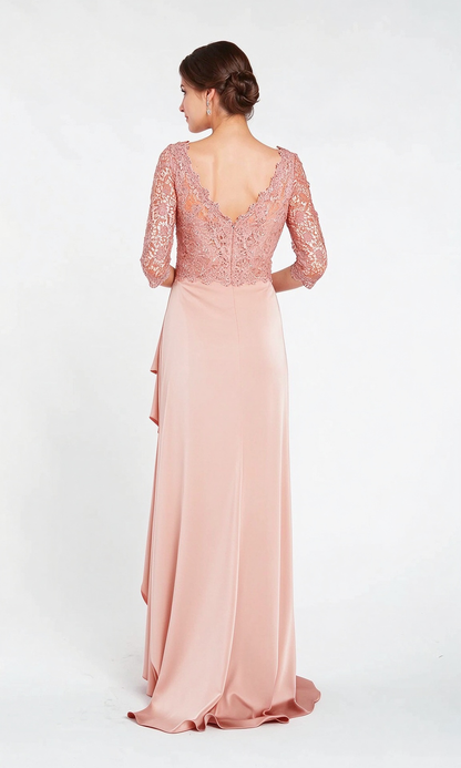 Elegant A-Line V-Neck Sleeved Beaded Ruffle Pink Long Evening Dresses Women Gown