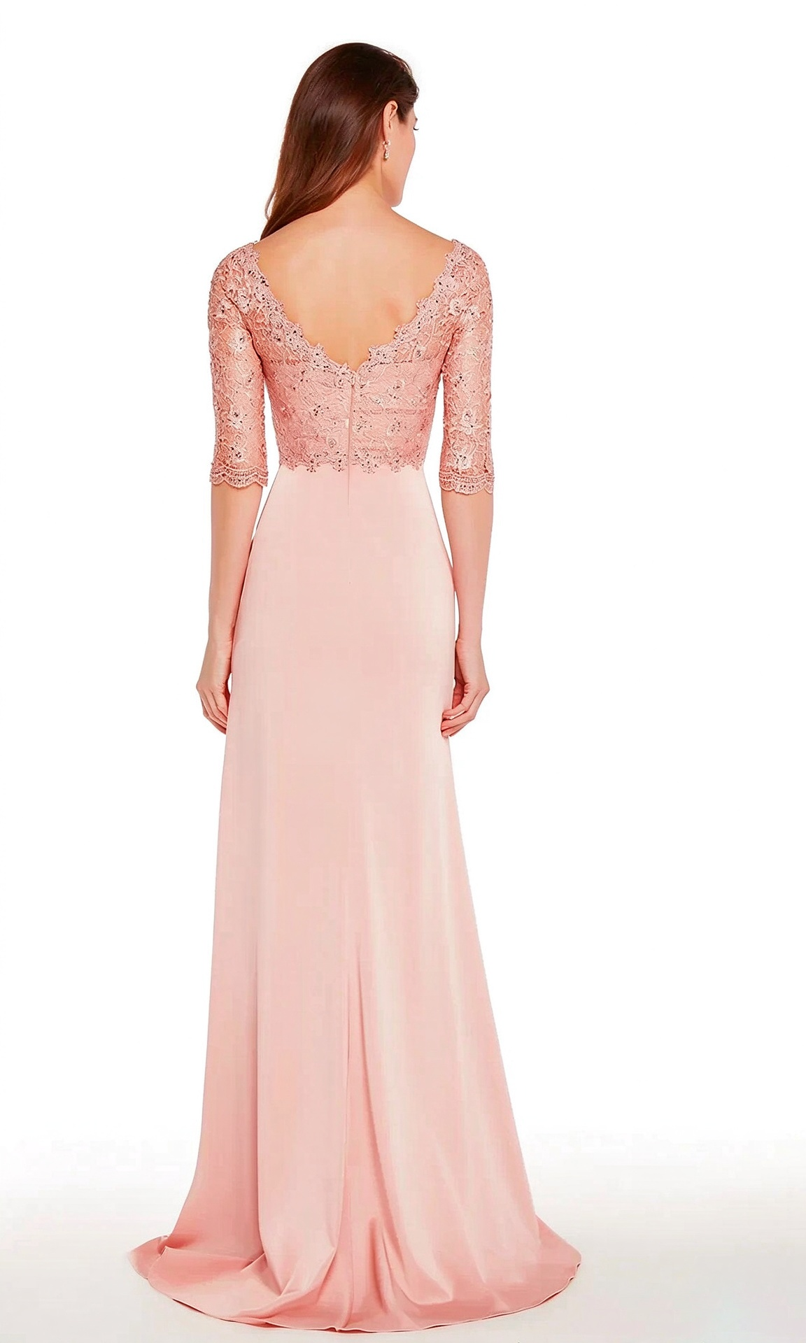 Elegant A-Line V-Neck Sleeved Beaded Ruffle Pink Long Evening Dresses Women Gown