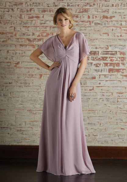 Elegant A-Line V-Neck Sleeved Pleated Backless Mauve Long Bridesmaid Dress Women