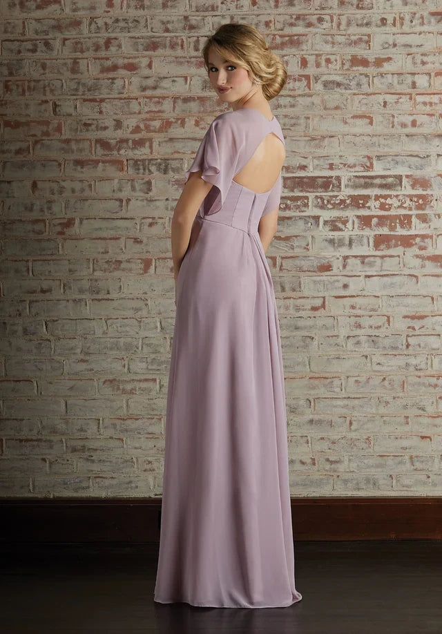 Elegant A-Line V-Neck Sleeved Pleated Backless Mauve Long Bridesmaid Dress Women