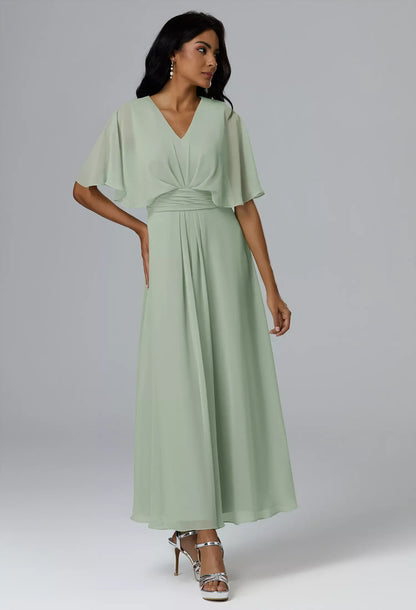 Elegant A-Line V-Neck Sleeved Pleated Cape Sage Long Bridesmaid Dress Gown
