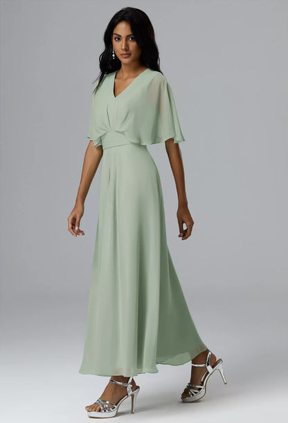 Elegant A-Line V-Neck Sleeved Pleated Cape Sage Long Bridesmaid Dress Gown