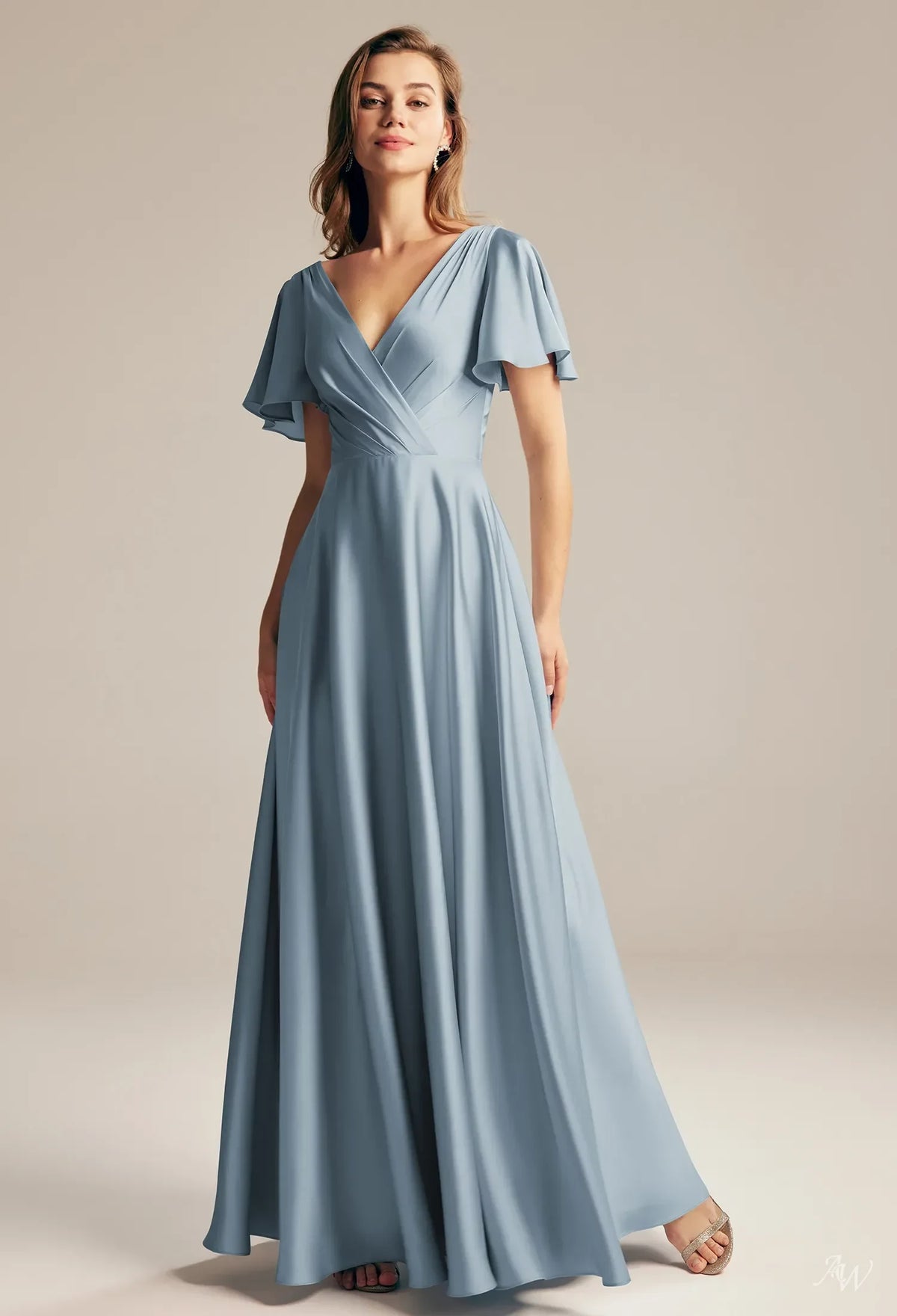 Elegant A-Line V-Neck Sleeved Pleated Flowy Blue Maxi Bridesmaid Dress Women