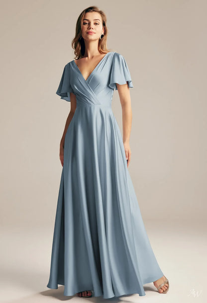 Elegant A-Line V-Neck Sleeved Pleated Flowy Blue Maxi Bridesmaid Dress Women