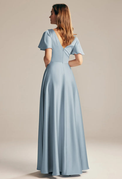 Elegant A-Line V-Neck Sleeved Pleated Flowy Blue Maxi Bridesmaid Dress Women