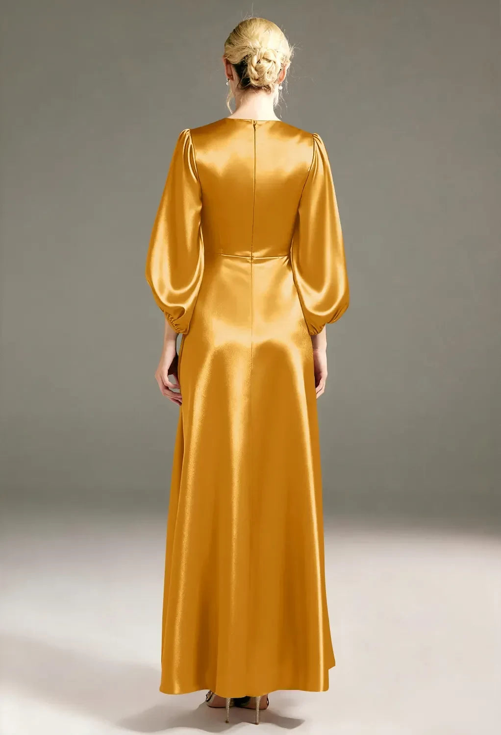 Elegant A-Line V-Neck Sleeved Pleated Gold Maxi Bridesmaid Dress Women Gown
